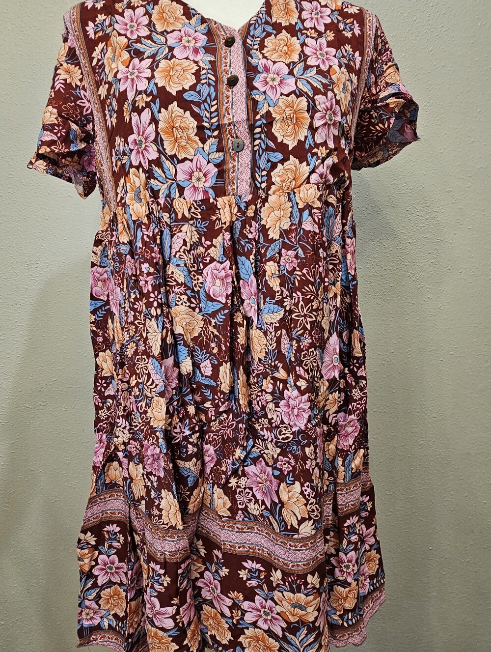 NWOT-Floral Button-Front Boho Dress in Deep Burgundy With Lining